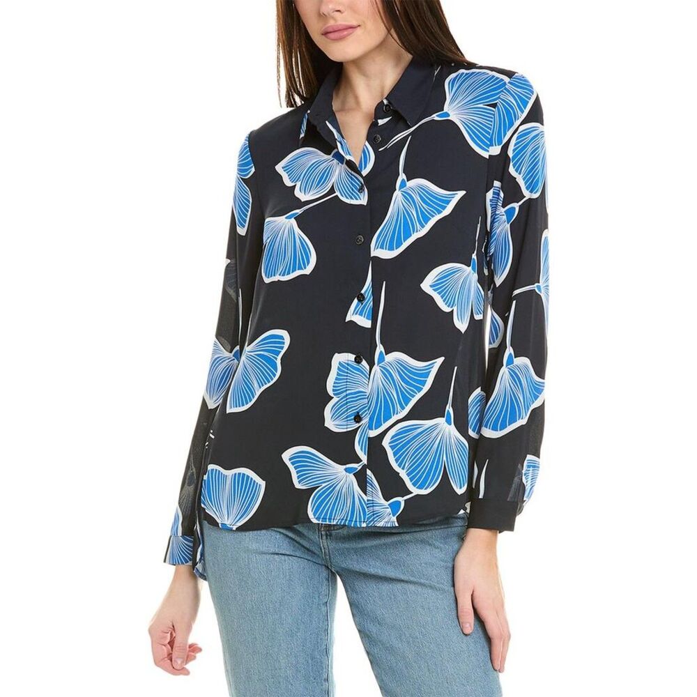 CAbi | Navy & Blue Regal Blouse Button-Down Gingko Print | Medium